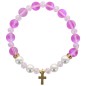 Bracelet sur elastique en pierre de lune synthetique Ø 8 mm & coquille naturelle avec croix acier inoxydable. LOT 5 ASSORTIS.